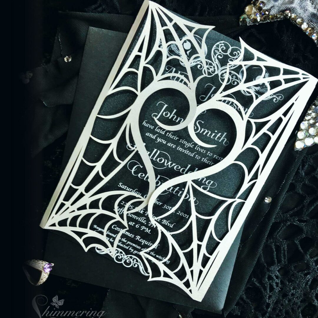 Gothic spiderweb halloween laser cut wedding invitation