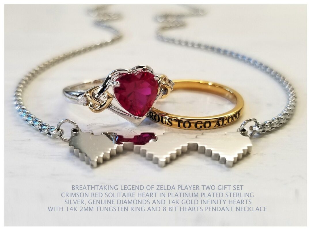 Legend of Zelda Player 2 Crimson Red Solitaire CZ ring + 8 Bit Heart Pendant Necklace
