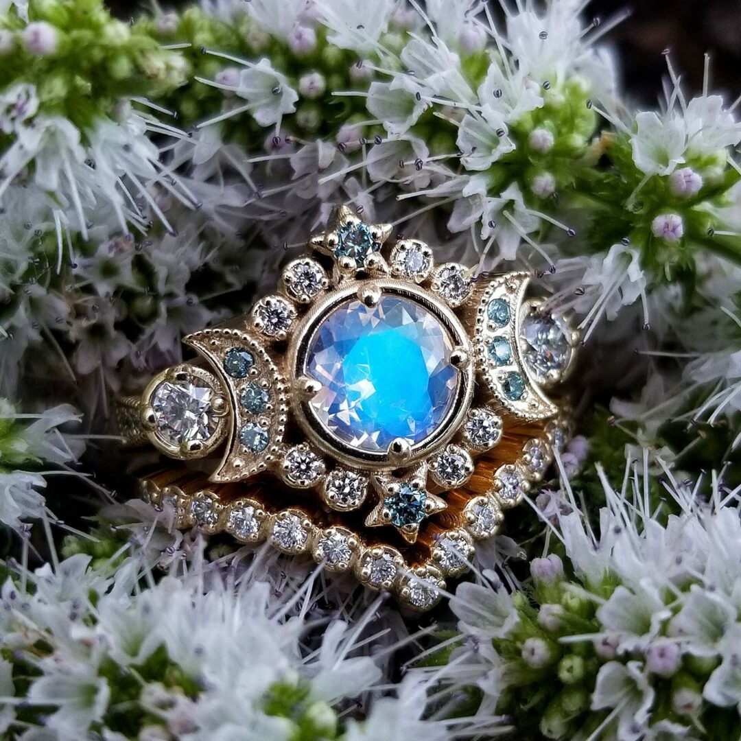 Selene Moon Goddess Ring Set – Moonstone with Blue and White Diamonds