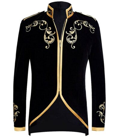 PYJTRL Mens Stylish Court Prince Black Velvet Gold Embroidery Blazer Suit Jacket