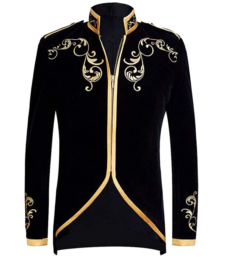 PYJTRL Mens Stylish Court Prince Black Velvet Gold Embroidery Blazer Suit Jacket