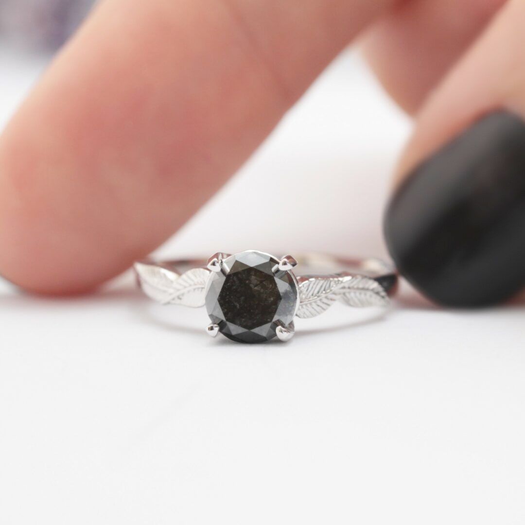 Black Diamond leaf engagement ring