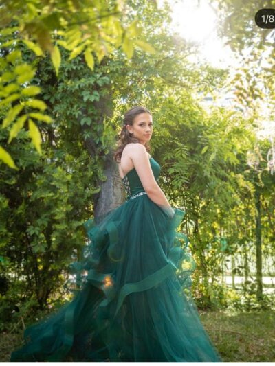 Forest fairy wedding dress in emerald green with detachable train