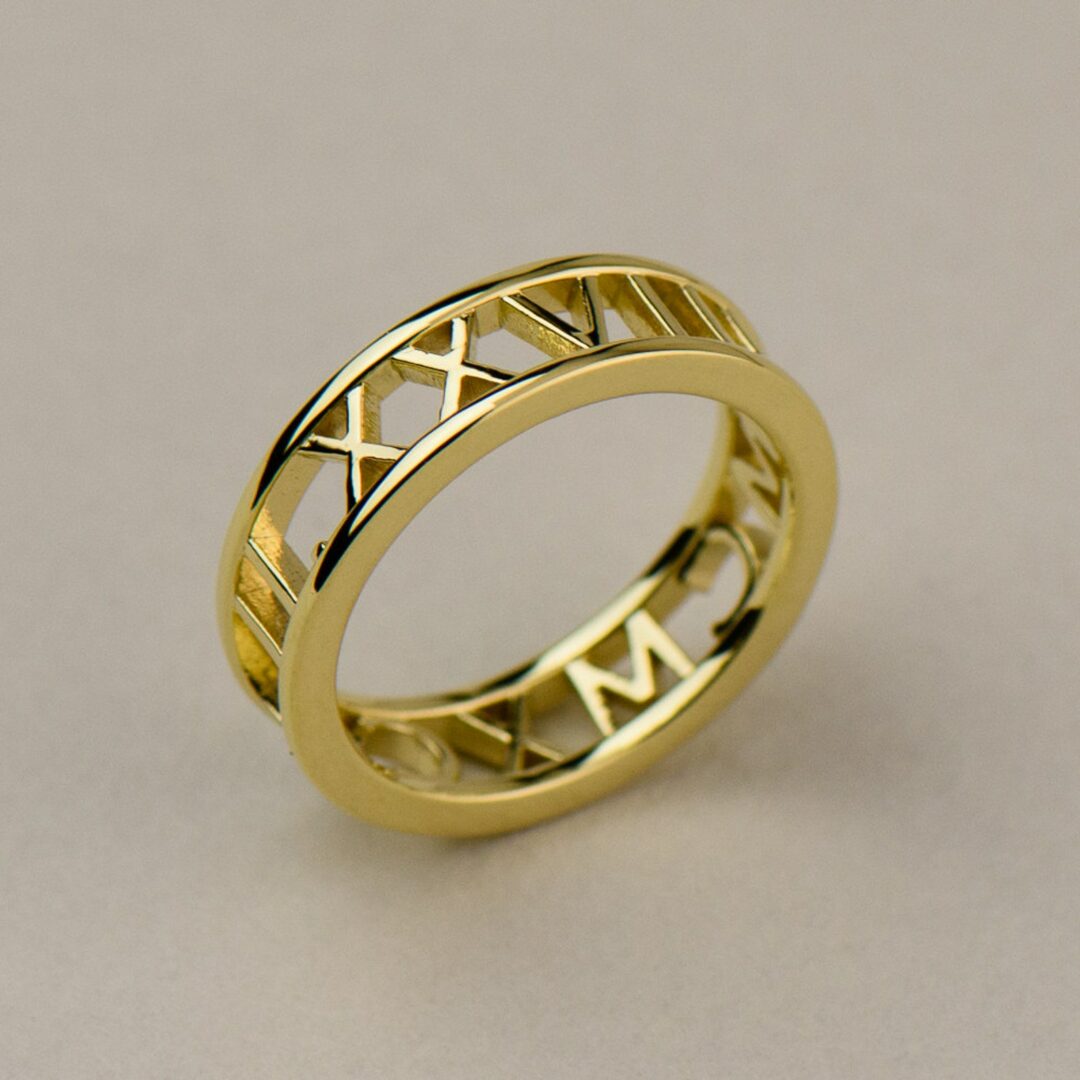 Custom Yellow Gold Roman Numeral Ring – 14k, 18k Yellow Gold. Personalized Jewelry. Custom Name, Date, Symbol, Number