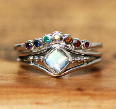 Rainbow Moonstone Ring with Rainbow Shadow Band