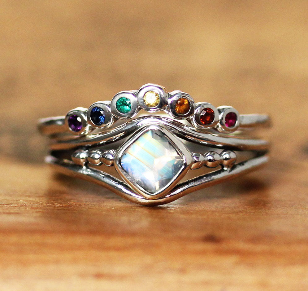 Rainbow Moonstone Ring with Rainbow Shadow Band