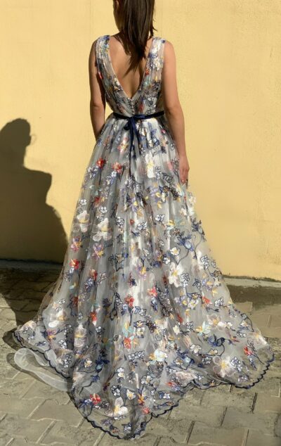 Grey floral wedding dress with low back