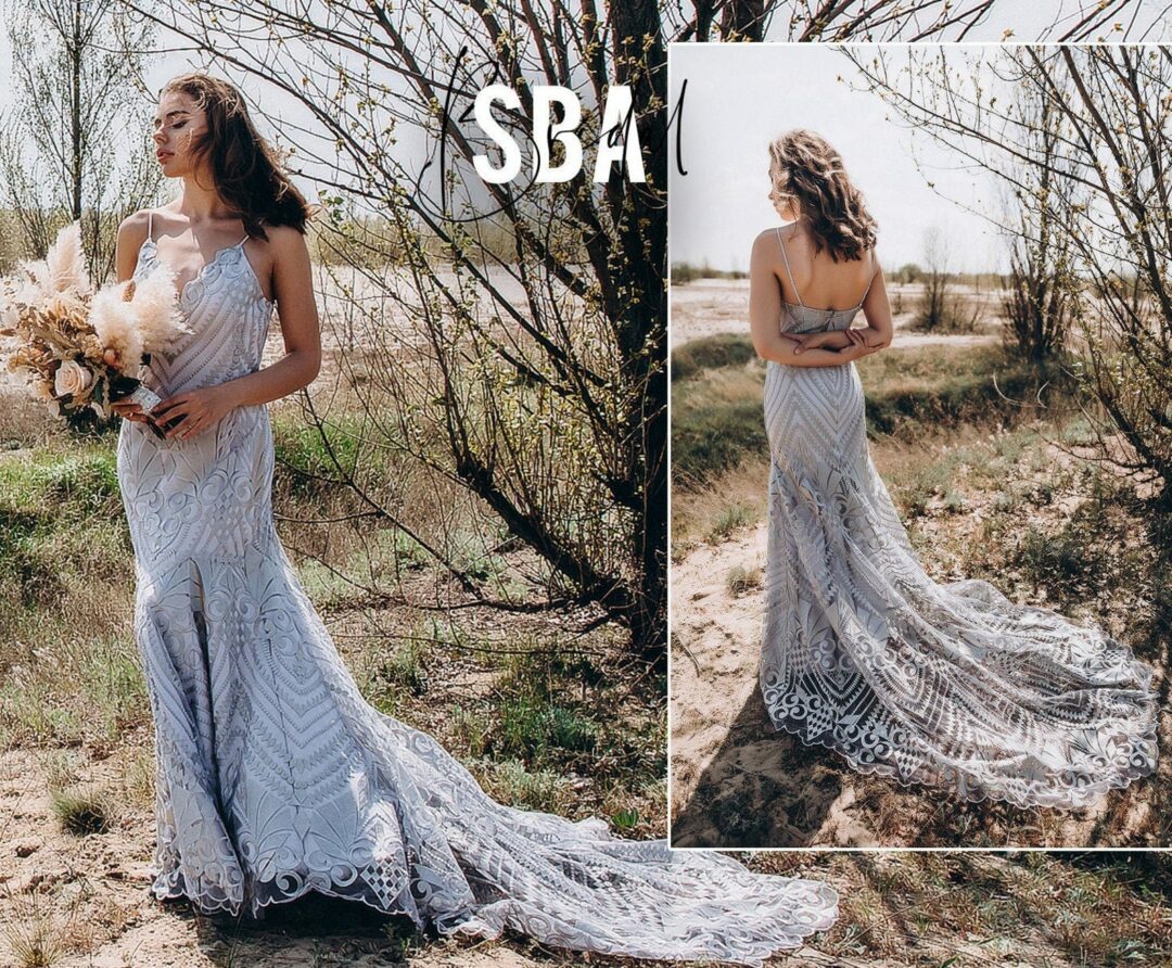Alana grey lace thin-strapped bridal dress