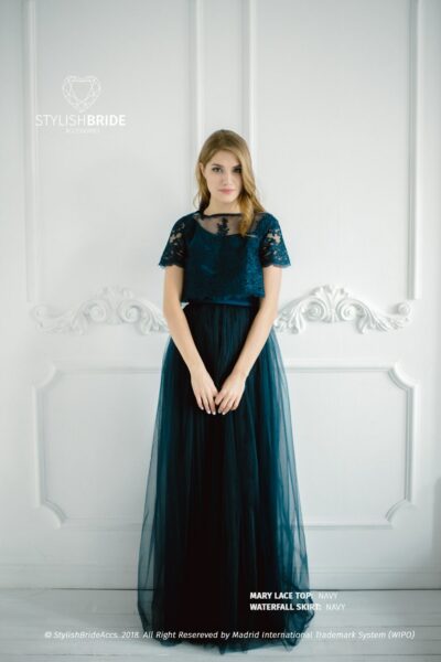 Navy Lace Mary Dress, Bridesmaids Long Dark Blue Waterfall Tulle Skirt