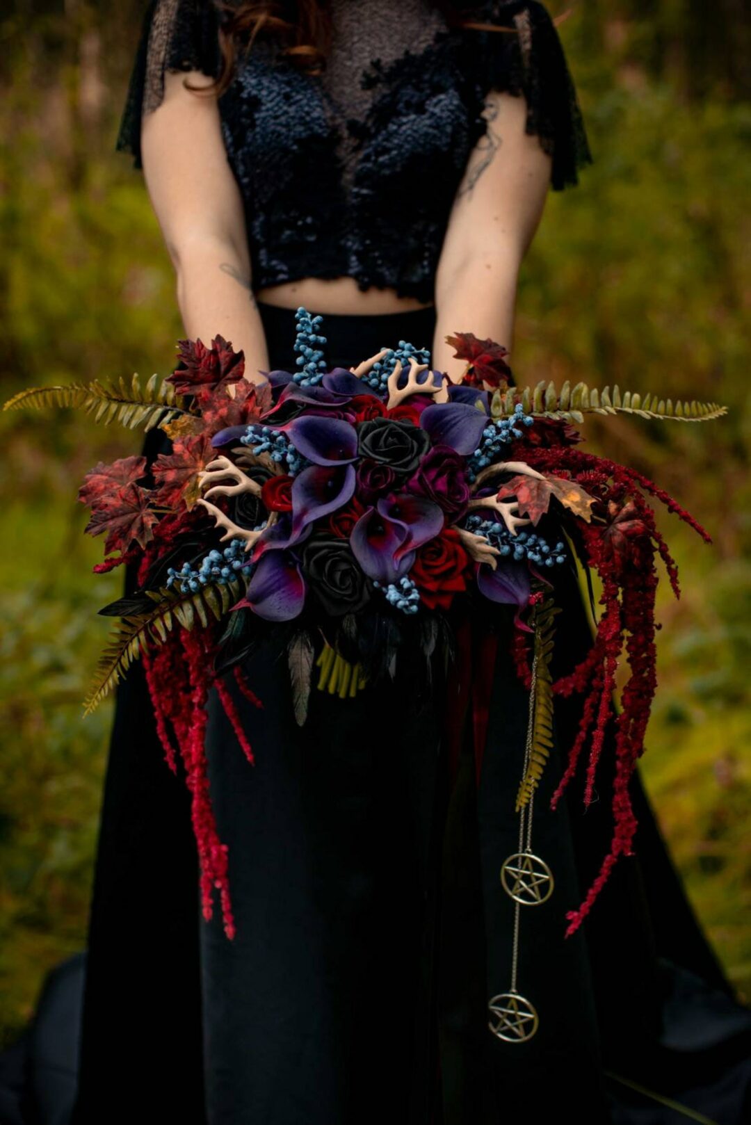 Rose & Calla lily alternative wedding bouquet with skull handle