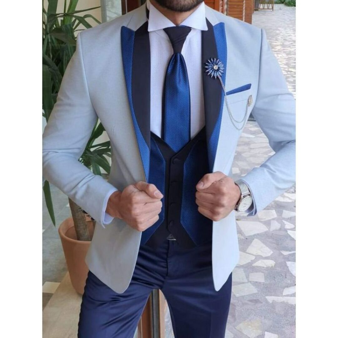 3 Piece Designer Tuxedo White And Blue Style