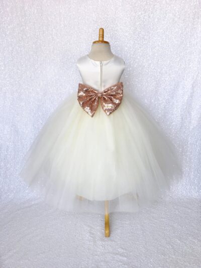 Rose Gold Sequin Bow Ivory Satin 4 Layer Tulle Flower Girl Dress