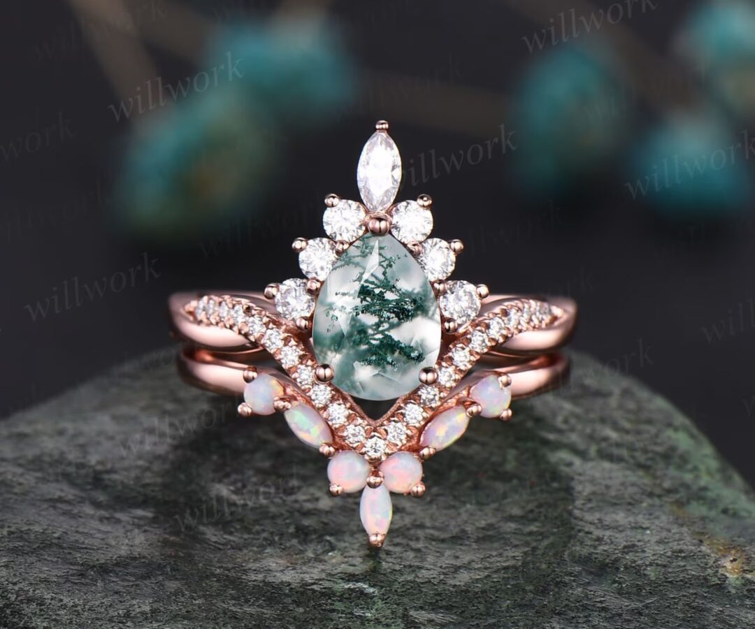 Art deco halo marquise unique vintage green moss agate engagement ring set