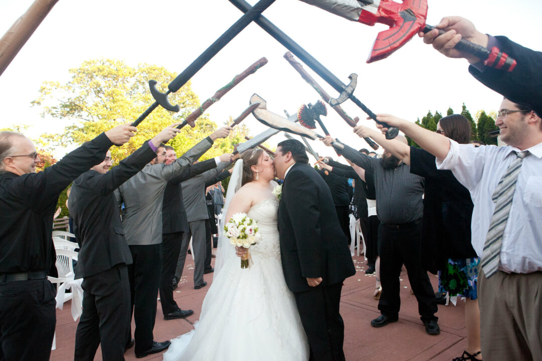 Celebrate Your Geeky Love With A LARPers Sword Arch   Sword Arch Wedding Send Off 1080x720 