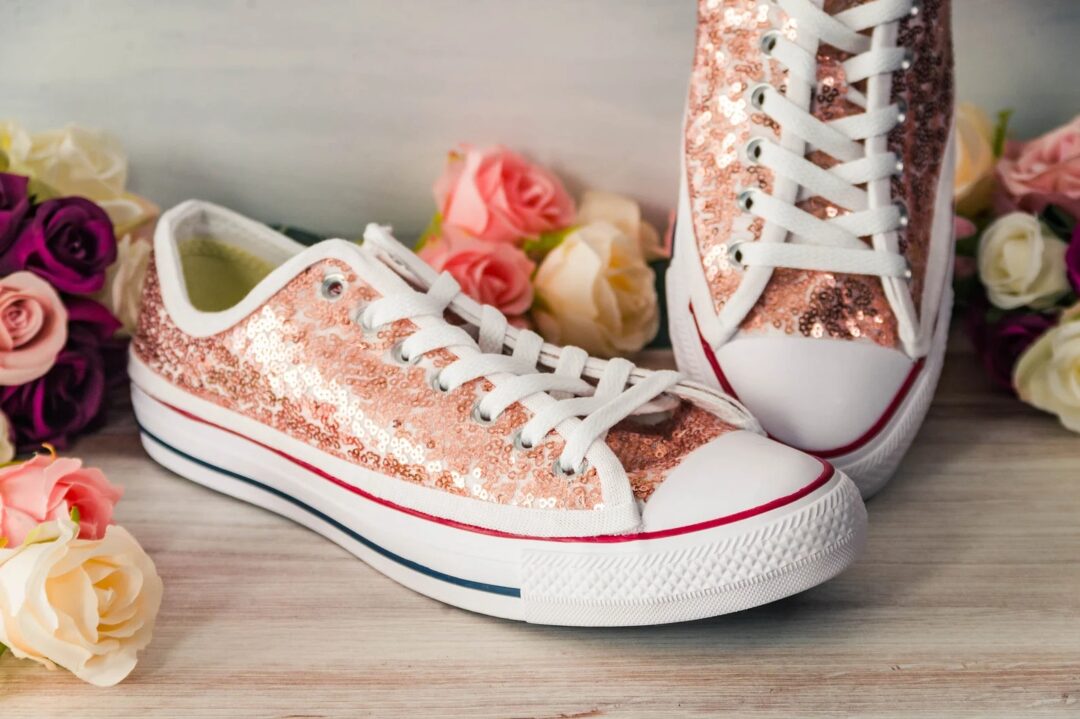 Rose gold sparkly low-top wedding sneakers for bride