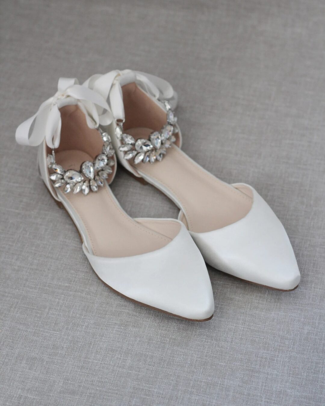 Ivory Satin Pointy Toe flats with PEAR CLUSTER Ankle Strap