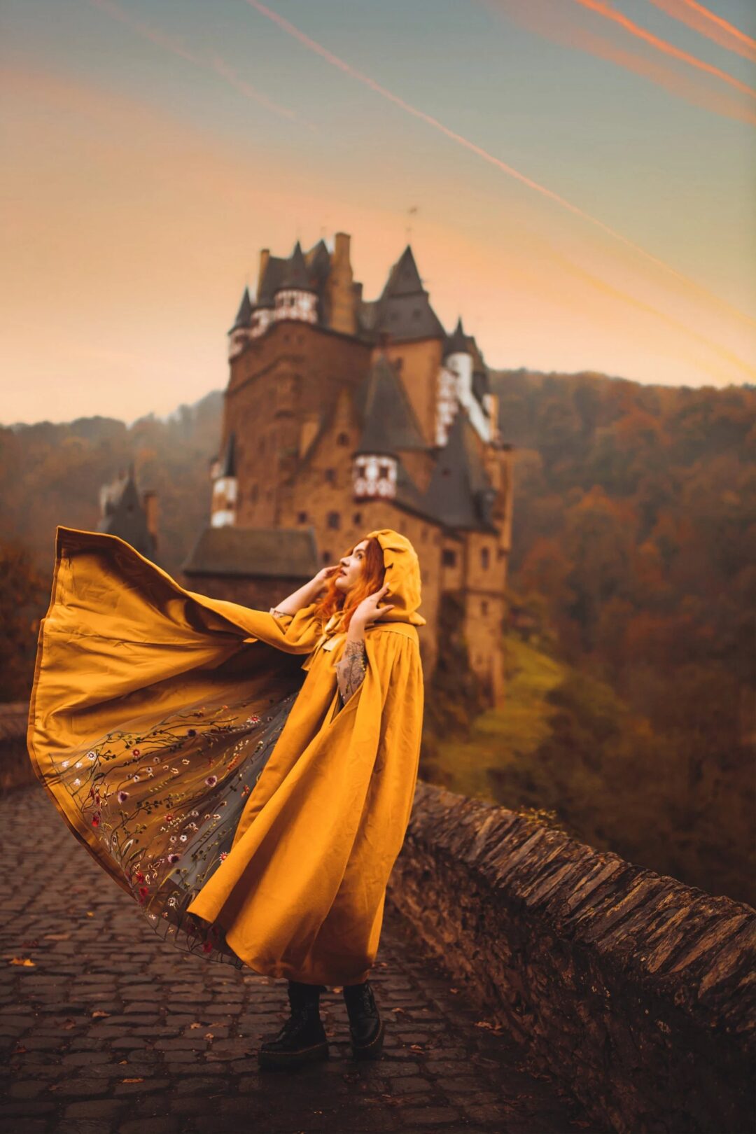 Hooded wedding cloak in yellow for autumn wedding