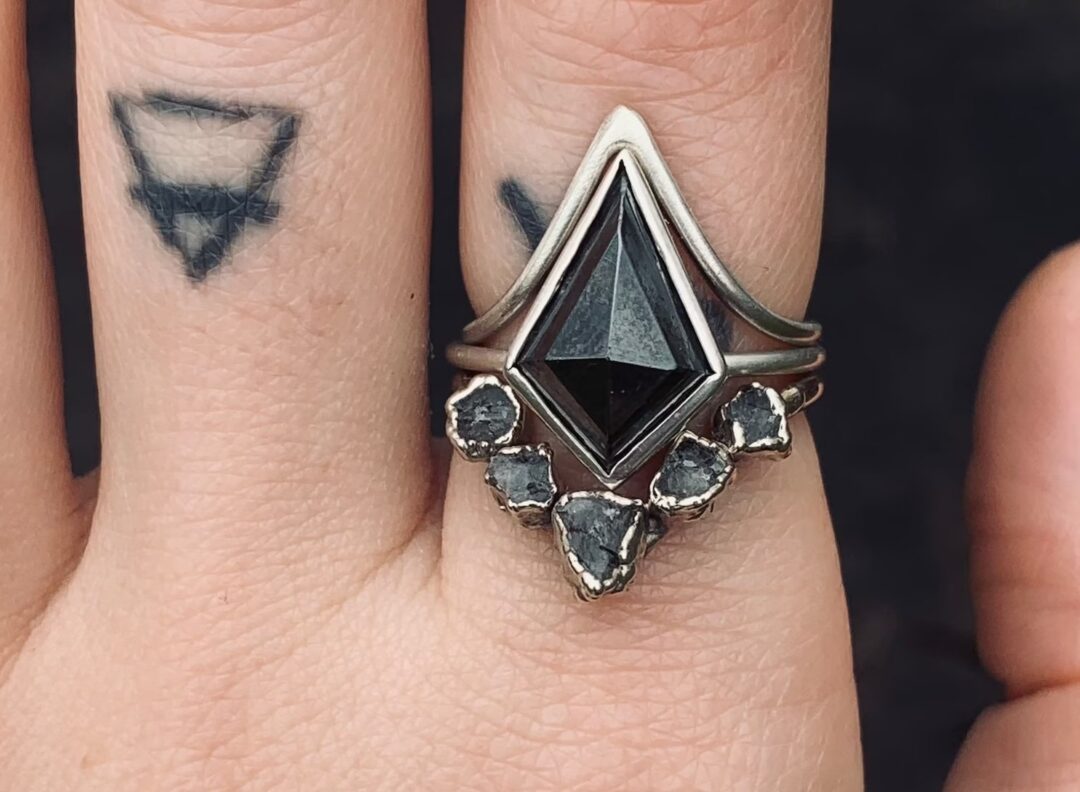 Black kite onyx bridal set edgy engagement ring