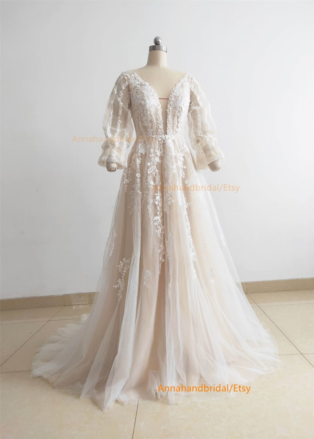 Luxury Long Sleeve Bridal Dress Deep V Neckline