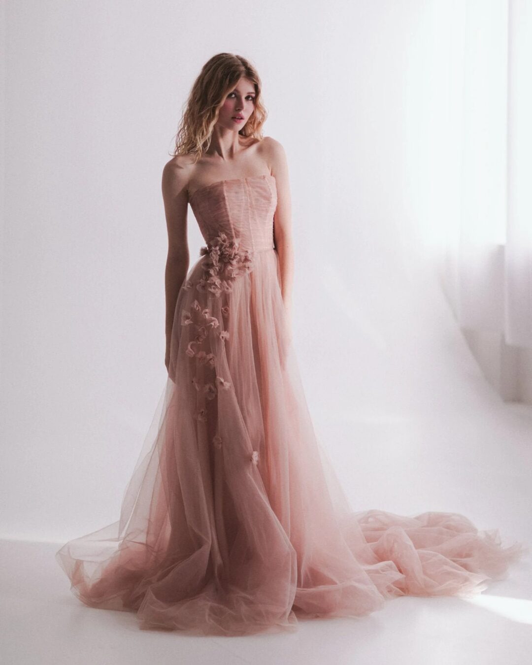 Blush pink tulle wedding dress