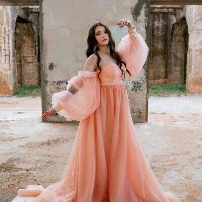 Orange Tulle Off The Shoulder Wedding Dress