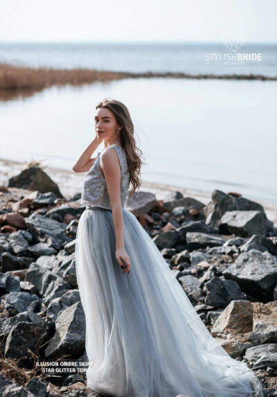 Grey Glitter Star Boho Wedding Dress