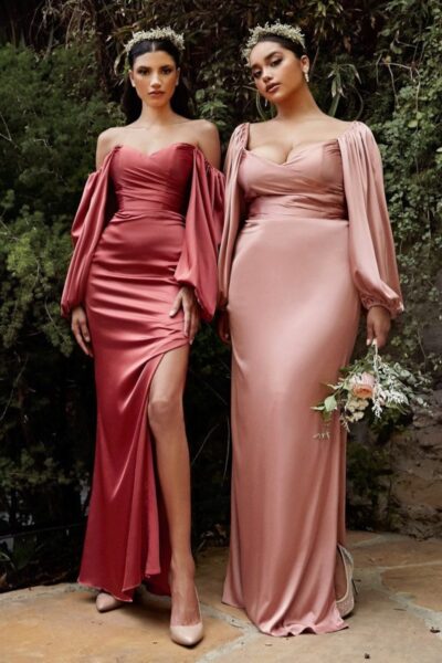 Long Sleeve Off the Shoulder Soft Satin Silk Bridesmaid Dresses
