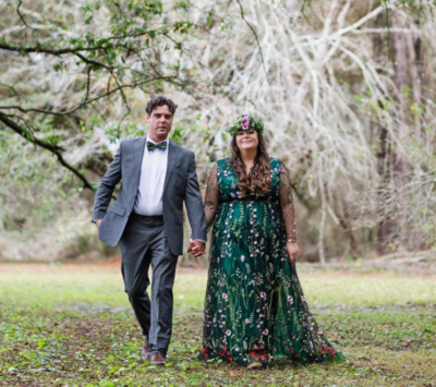 Embroidered green wedding dress (plus size)