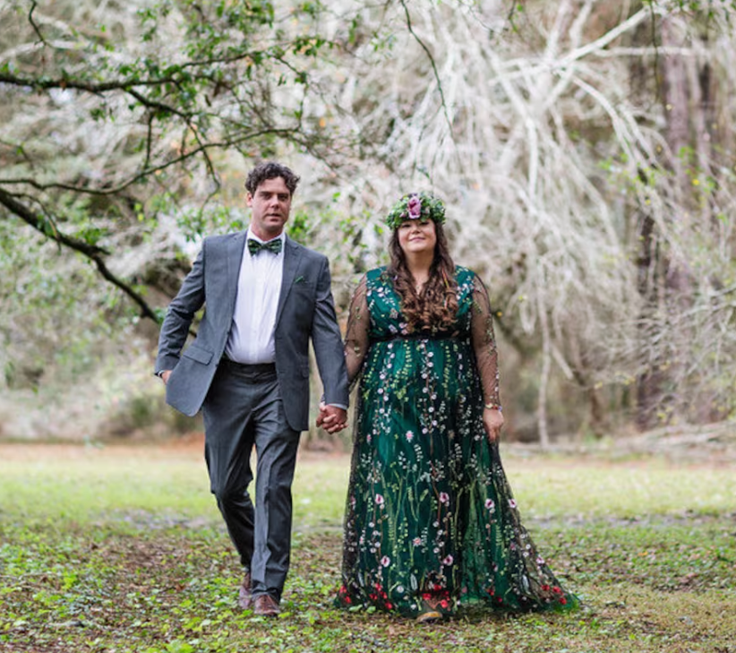 Embroidered green wedding dress (plus size)