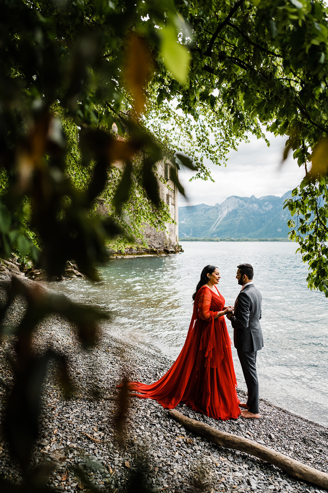Switzerland red dress elopement on Offbeat Wed 32