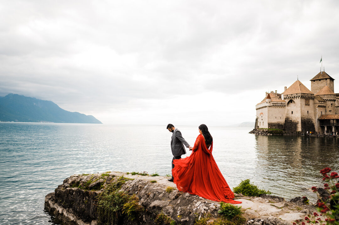 Switzerland red dress elopement on Offbeat Wed 41