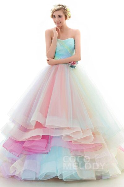 A Line Court Train Tulle Rainbow Wedding Dress
