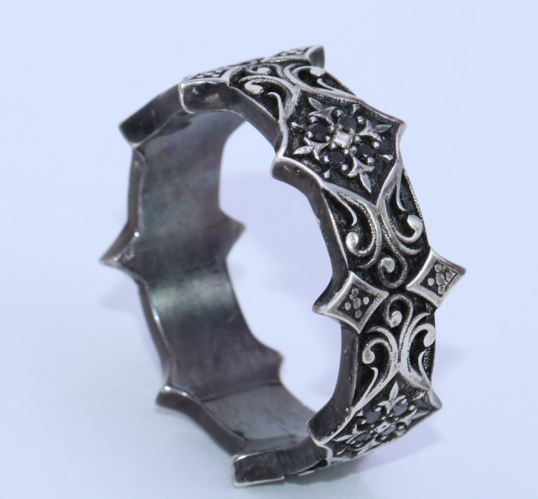 Gothic Vintage Style Unisex Black Oxidized Sterling Silver Ring with Black Natural Diamonds