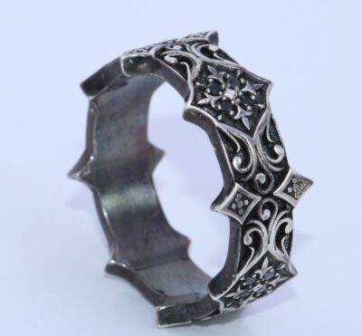 Gothic Vintage Style Unisex Black Oxidized Sterling Silver Ring with Black Natural Diamonds