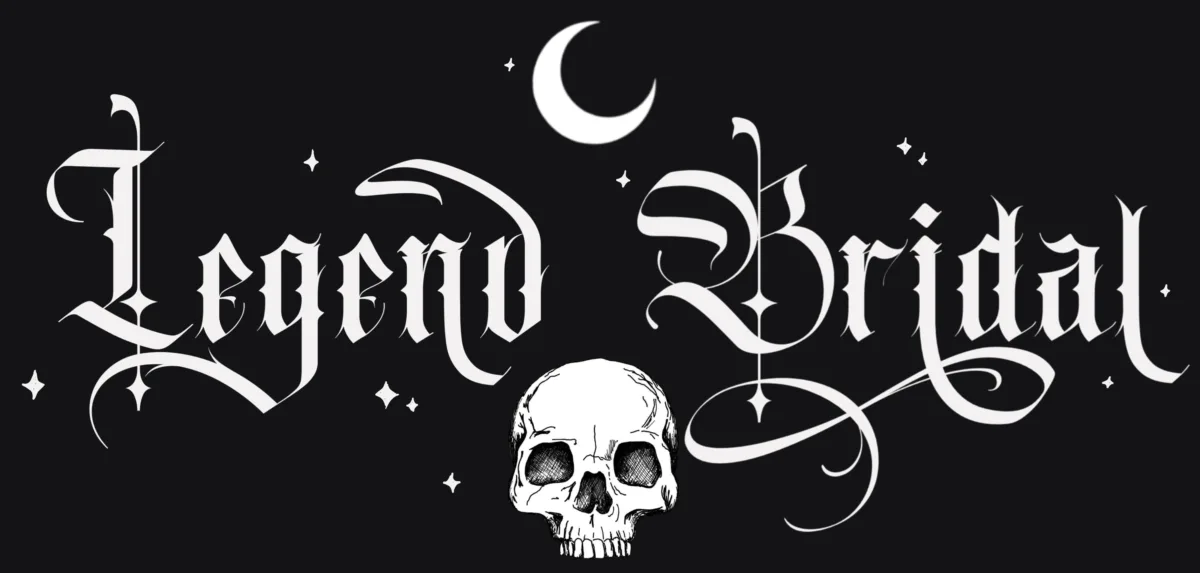 Legend Bridal in decorative gothic font with skull and moon icons