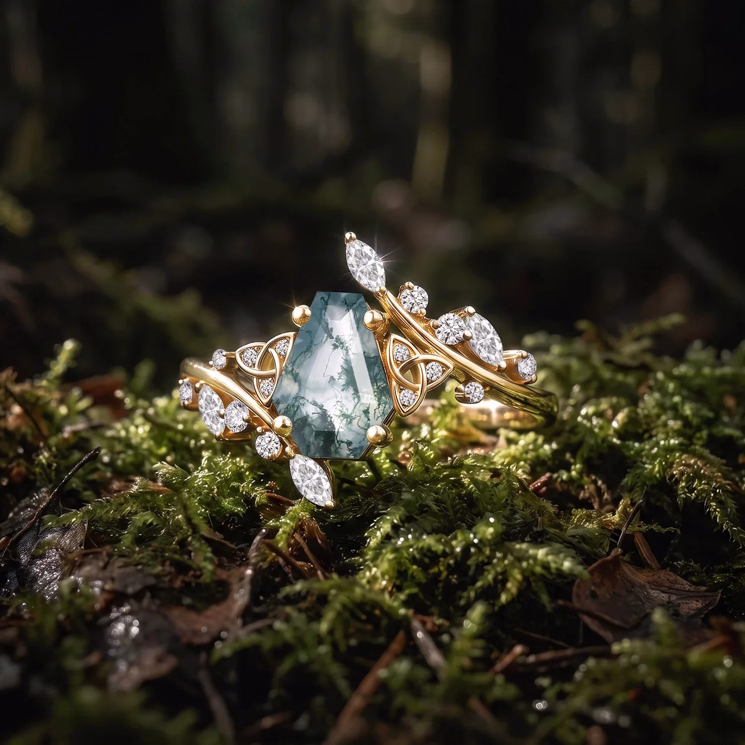 Gold Celtic knot engagement ring with a coffin-cut moss agate center stone and diamond accents, photographed on green forest moss by StarlandUS